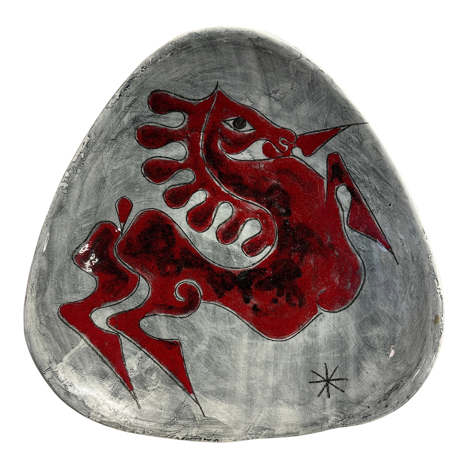 Italian Vintage Pottery Red Horse Platter Mid Century Fanciullacci Style: Italian mid century platter. 12.5 x 12.5 x 3" In good condition aside from one chip on back edge. See the photos. Condition: Alterations: Original Condition Unaltered Imperfections: Some