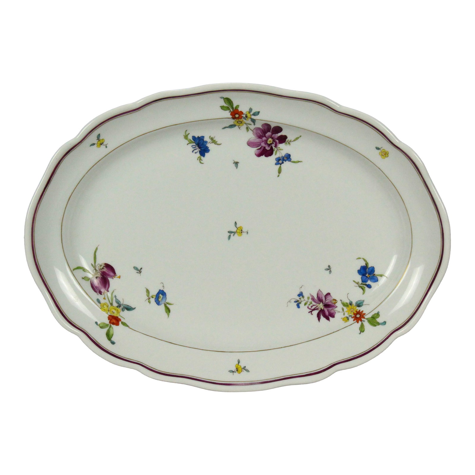 1800's Meissen Porcelain "Deutches Blumen" Scattered Flowers Oval Platter: An outstanding large oval serving platter Fine Meissen porcelain, with hand painted flower sprays from the "Deutches Blumen" series (German Flowers) Scrolled rim with red ribbon Clearly marked on the