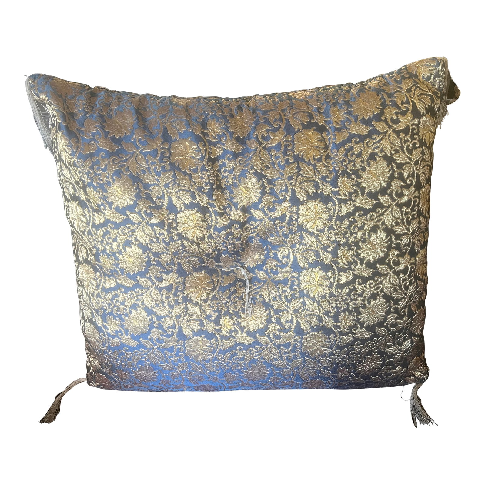 Oversized Brocade Tapestry Pillow: Elegant cornflower blue oversized pillow with grape leaf and vine gold brocade stitching and white tassels in the on all four corners and one in the middle. Firm pillow core but comfortable enough to