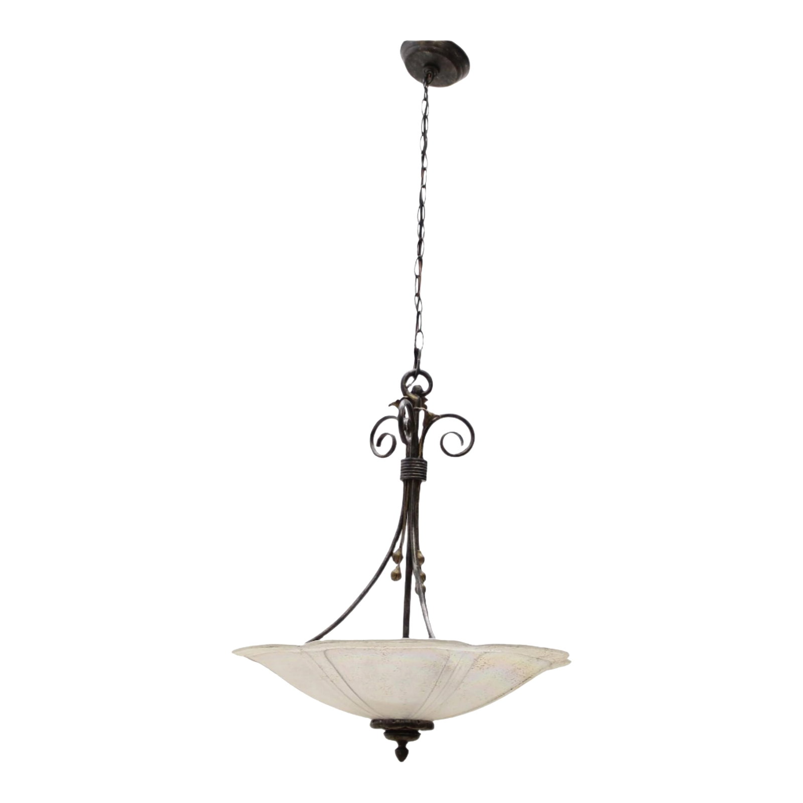 Iridescent Glass & Wrought Iron Flowers Pendant Light: Large, iridescent glass in a flower pedal form holds three light sockets and has a distinctive white splatter pattern. Three scrolled iron arms hold the glass with 3 iron flowers and bulbs detailing