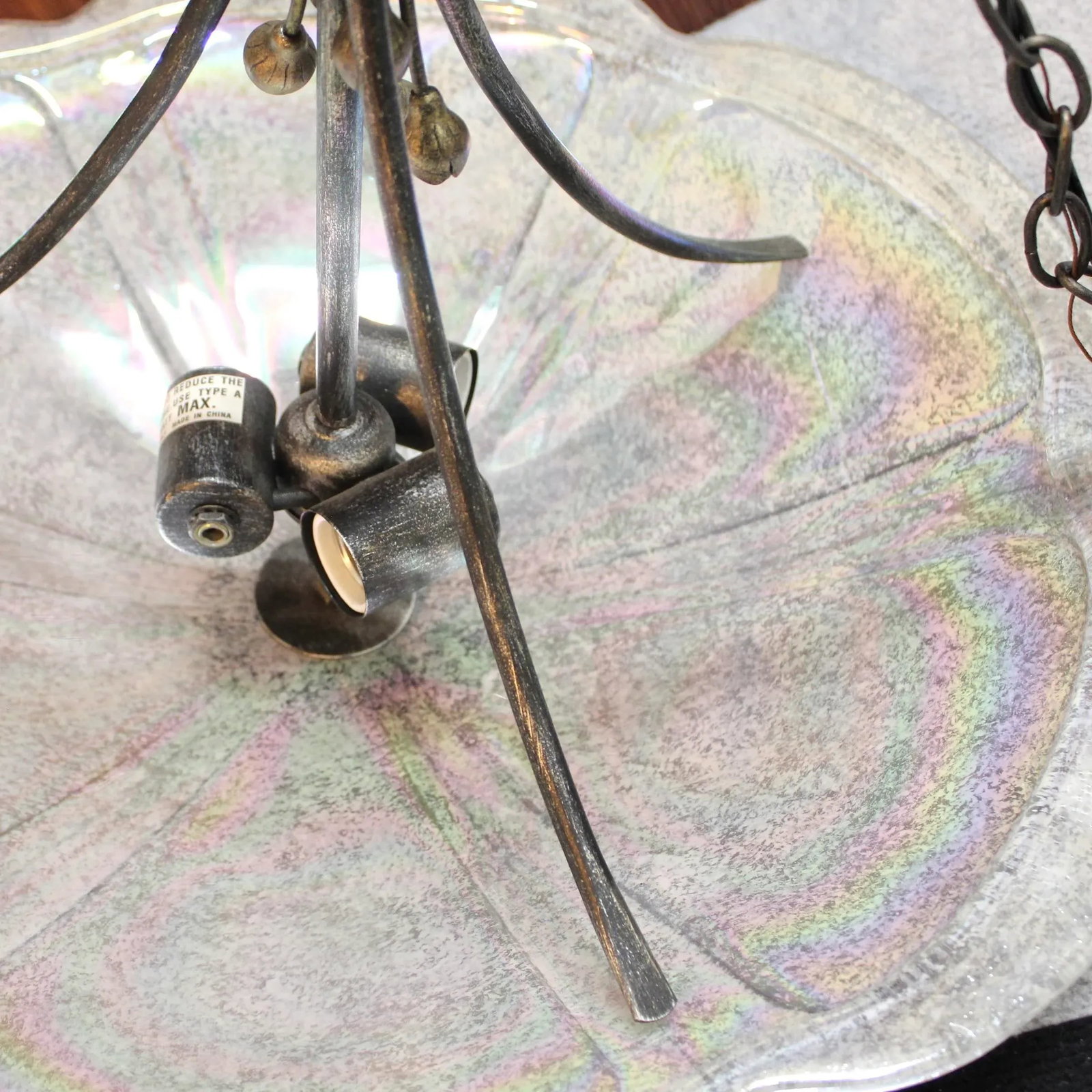 Iridescent Glass & Wrought Iron Flowers Pendant Light - 5