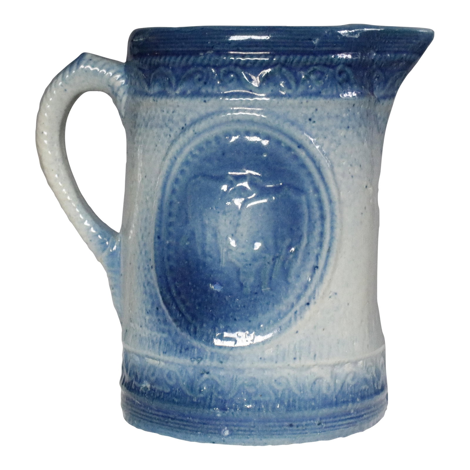Blue & White Antique 19th Century Stoneware Jug With Embossed Cows: Charming blue and white antique American stoneware milk pitcher from the 1800s. It features classic Victorian embossed and decorated elements, including a pastoral cow scene. It was hand-made and fini