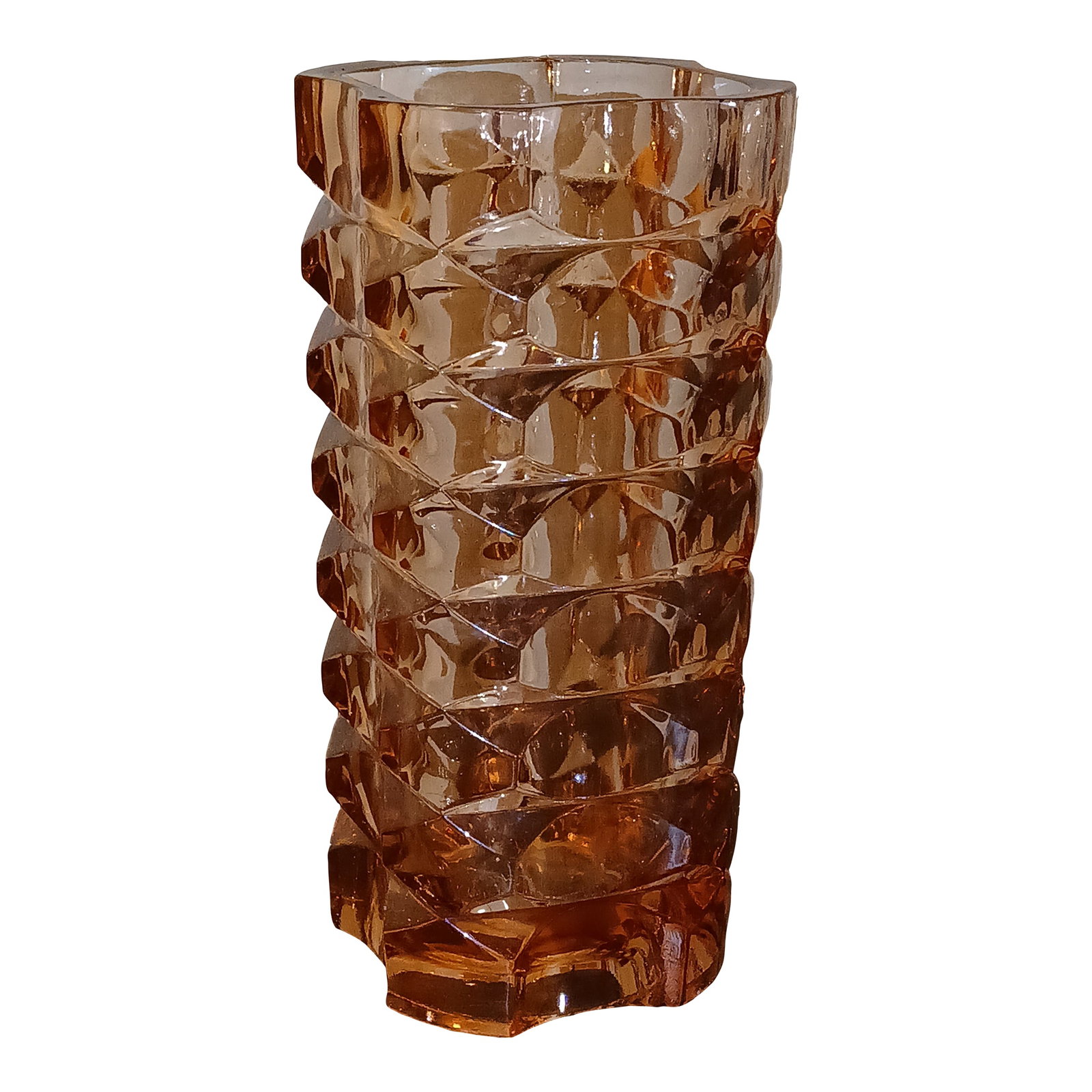 Vintage French Faceted Geometric Luminarc Salmon Pink Glass Vase by j.g. Durand 1970s: This tall, Salmon Pink geometric vase was designed by J.G Durand for the French manufacturer Luminarc during the 1970s. Beautiful vintage condition, cut press glass Verrerie d'Arques. Art deco style w