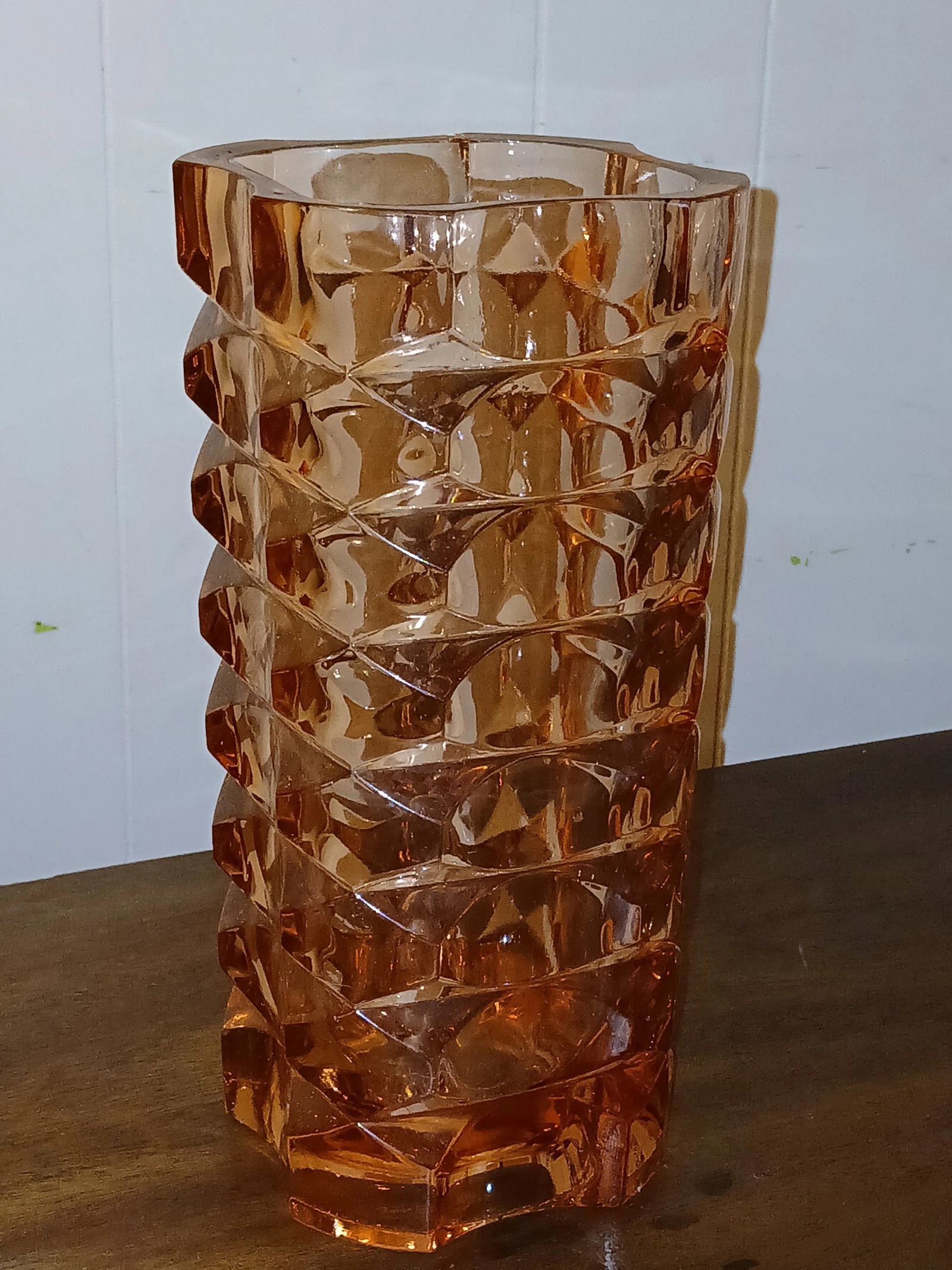 Vintage French Faceted Geometric Luminarc Salmon Pink Glass Vase by j.g. Durand 1970s - 2