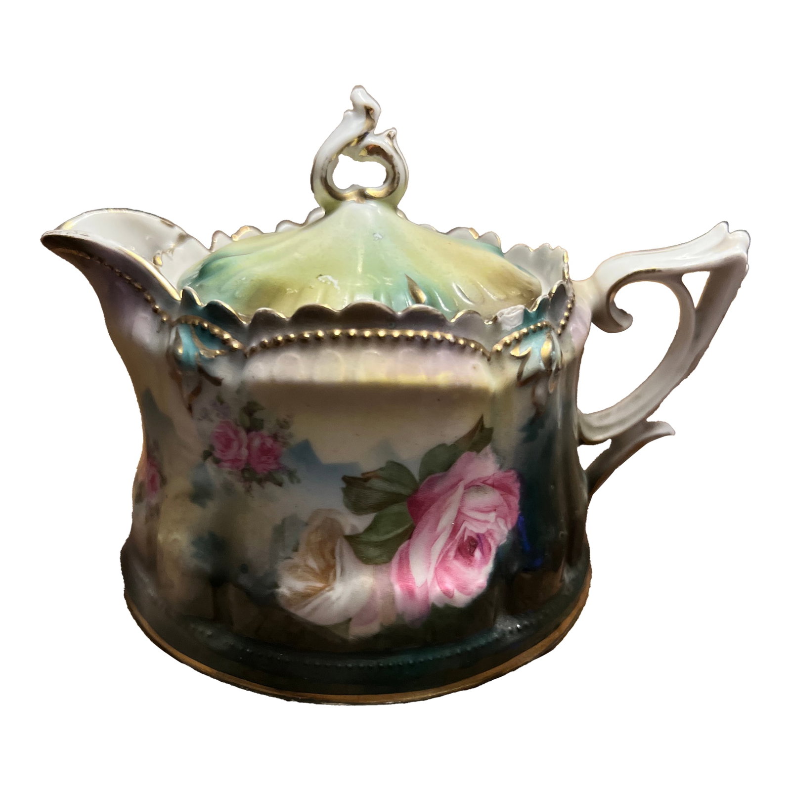 Early 1900s Rs Prussia Jeweled Syrup Pitcher With Lid: RS Prussia Jeweled Syrup Pitcher Features: - good overall condition with areas of loss around the rim of the pitcher as pictured - measures 3.25" height at spout - measures 5.75" length spout to