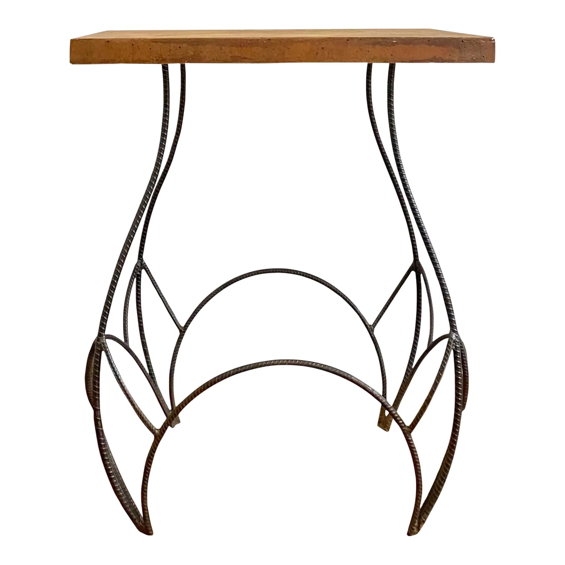 Sculptural Bar Height Industrial + Concrete Table: One of a kind steel rebar and concrete table. Perfect as an outdoor bar or console. Made by a Colorado artist and welder in the late 1990s. Top is concrete and base is sculpted and welded steel. A ste