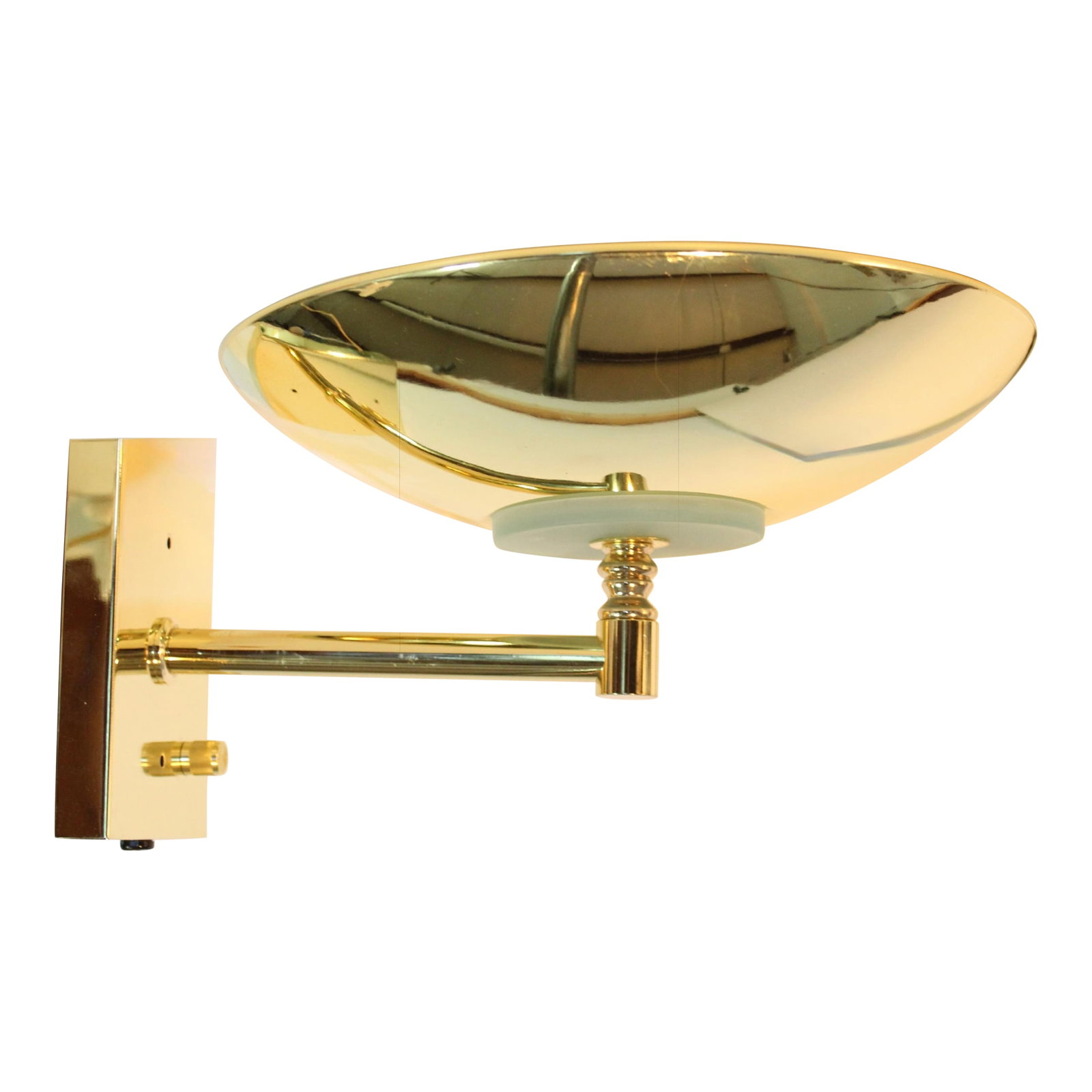 Vintage Mid Century Modern Brass Flying Saucer Wall Sconce: Vintage flying saucer design wall sconce with halogen light, upward lighting. Condition: Very good vintage condition, minor signs of age and use including small scratch on shade. see photos Condition: