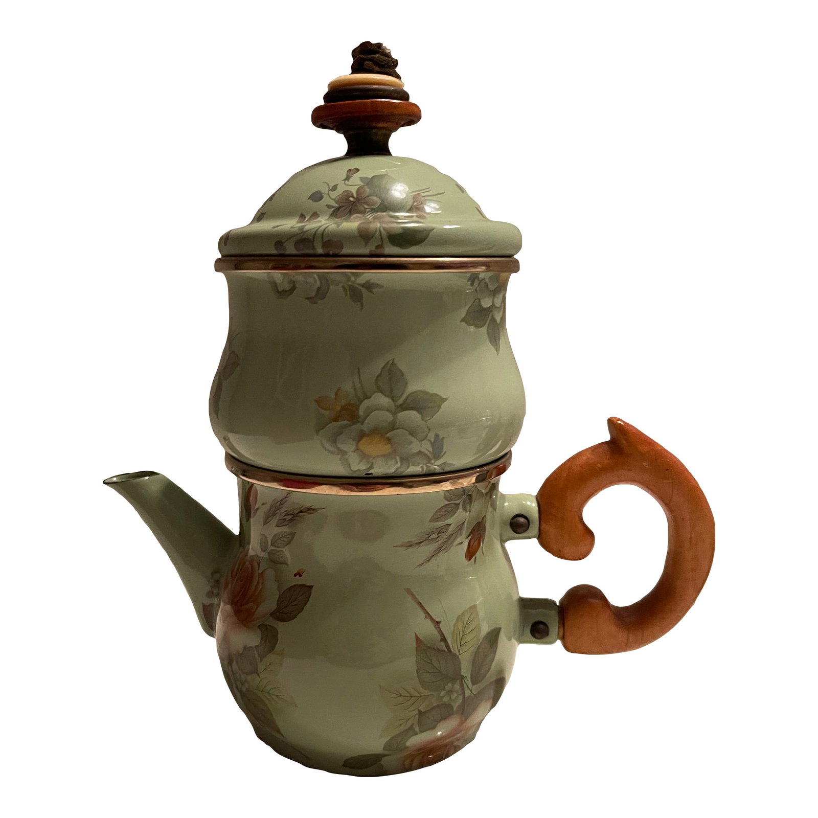 Mid 20th Century Mackenzie-Childs High Tea Vintage Stackable Creme & Sugar Set: This set is traditionally sold with a base larger stacking teapot. A teapot is not included in this set. Heavy-gauge, hand-glazed steel underbody embellished with hand-painted florals, rimmed in bronz