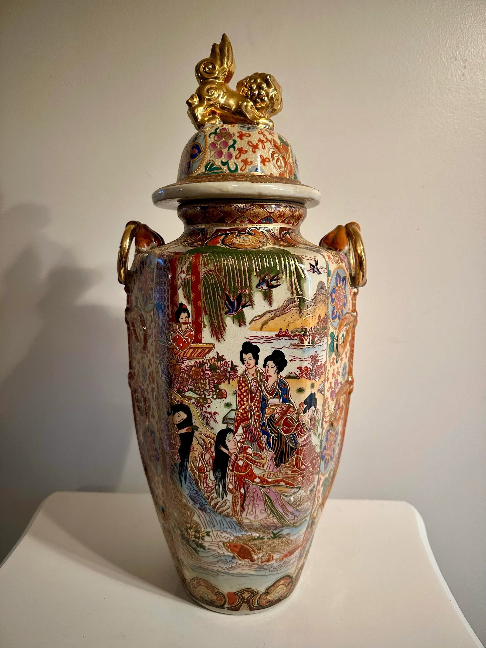 Antique Chinese Porcelain Rose Medallion Vase With Lid and Gilded Foo Dog - 12