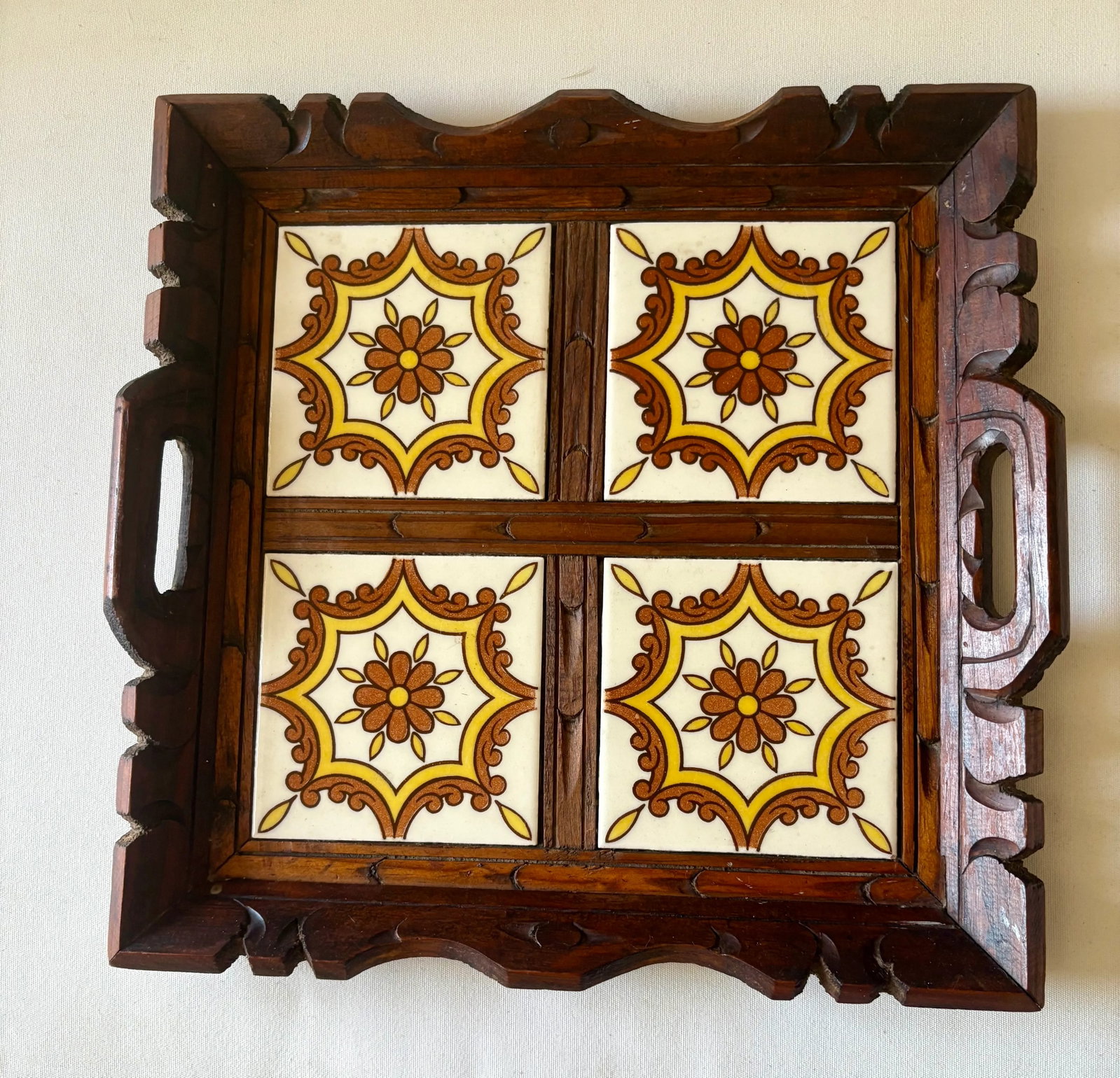 Vintage Mexican Carved Wood and Floral Tile Tray - 10