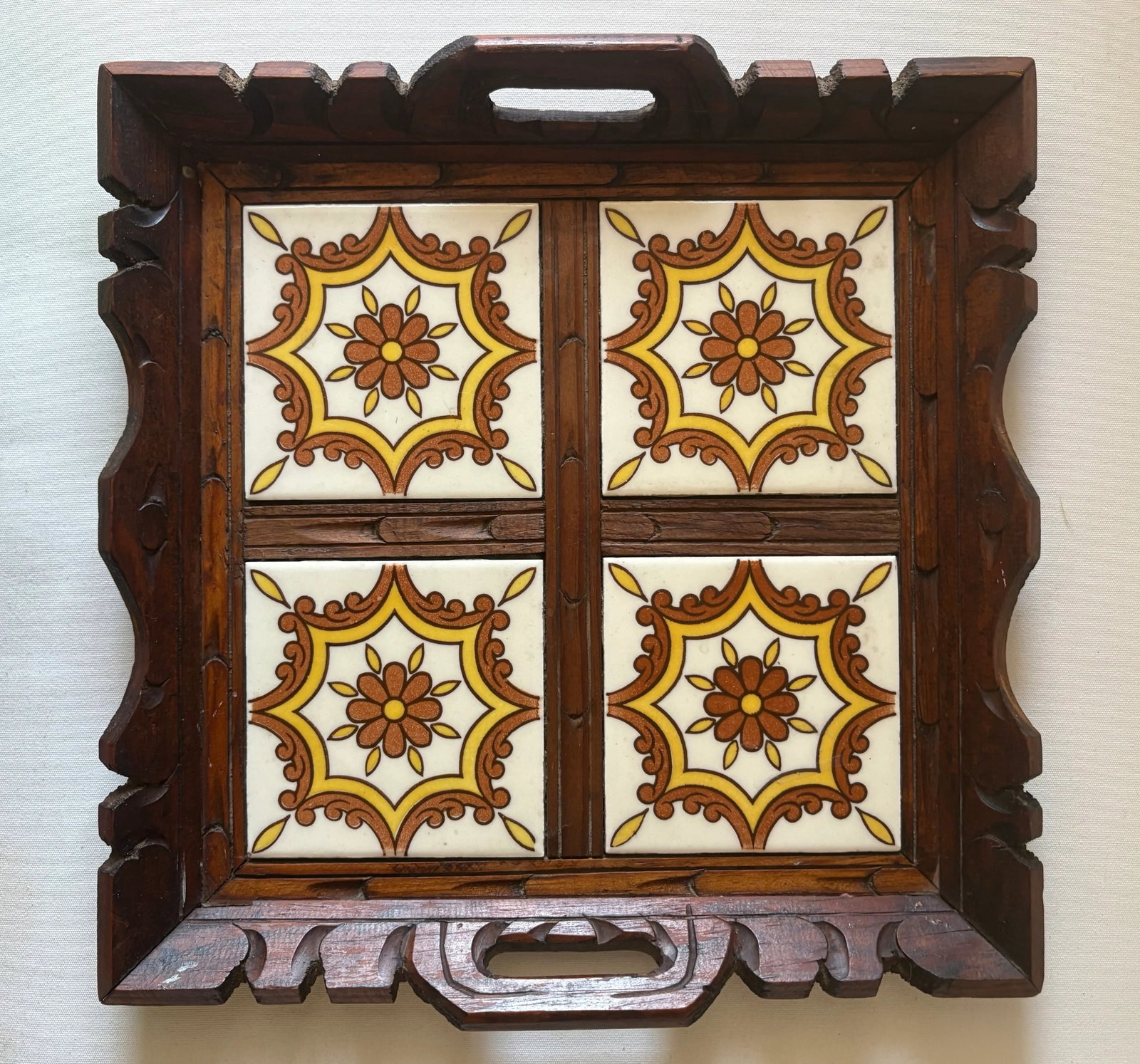 Vintage Mexican Carved Wood and Floral Tile Tray - 2