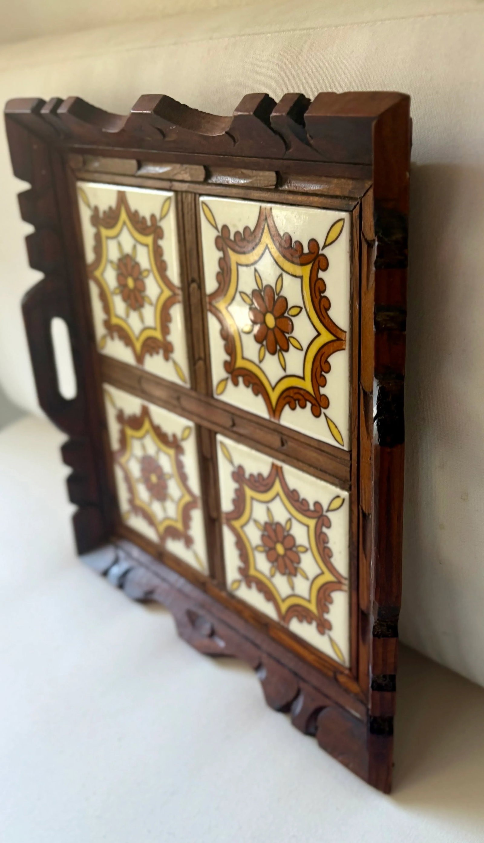Vintage Mexican Carved Wood and Floral Tile Tray - 4