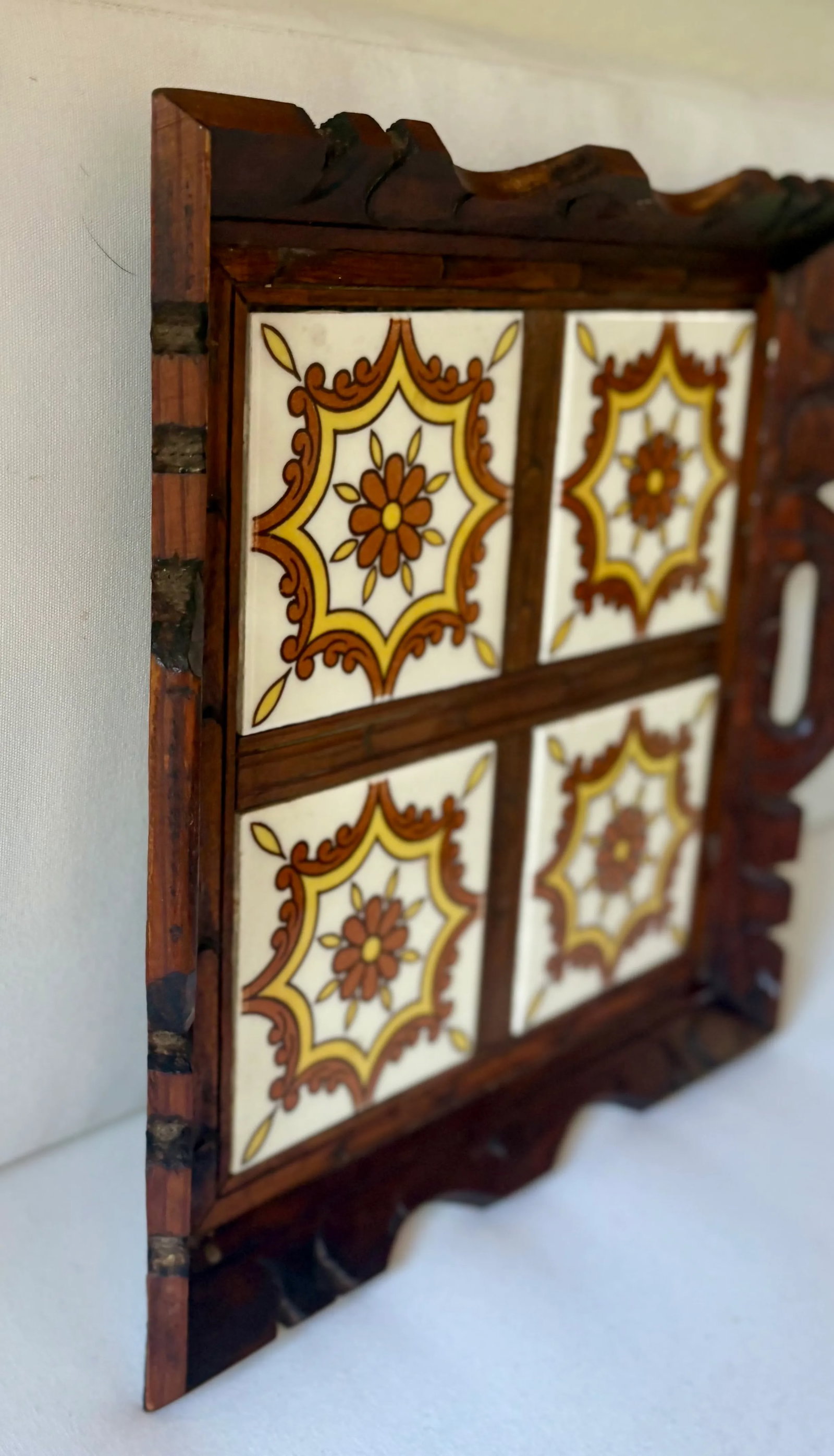 Vintage Mexican Carved Wood and Floral Tile Tray - 5