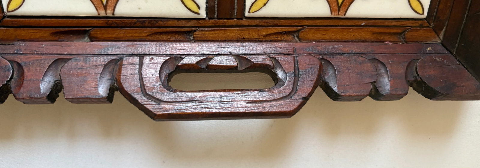 Vintage Mexican Carved Wood and Floral Tile Tray - 7