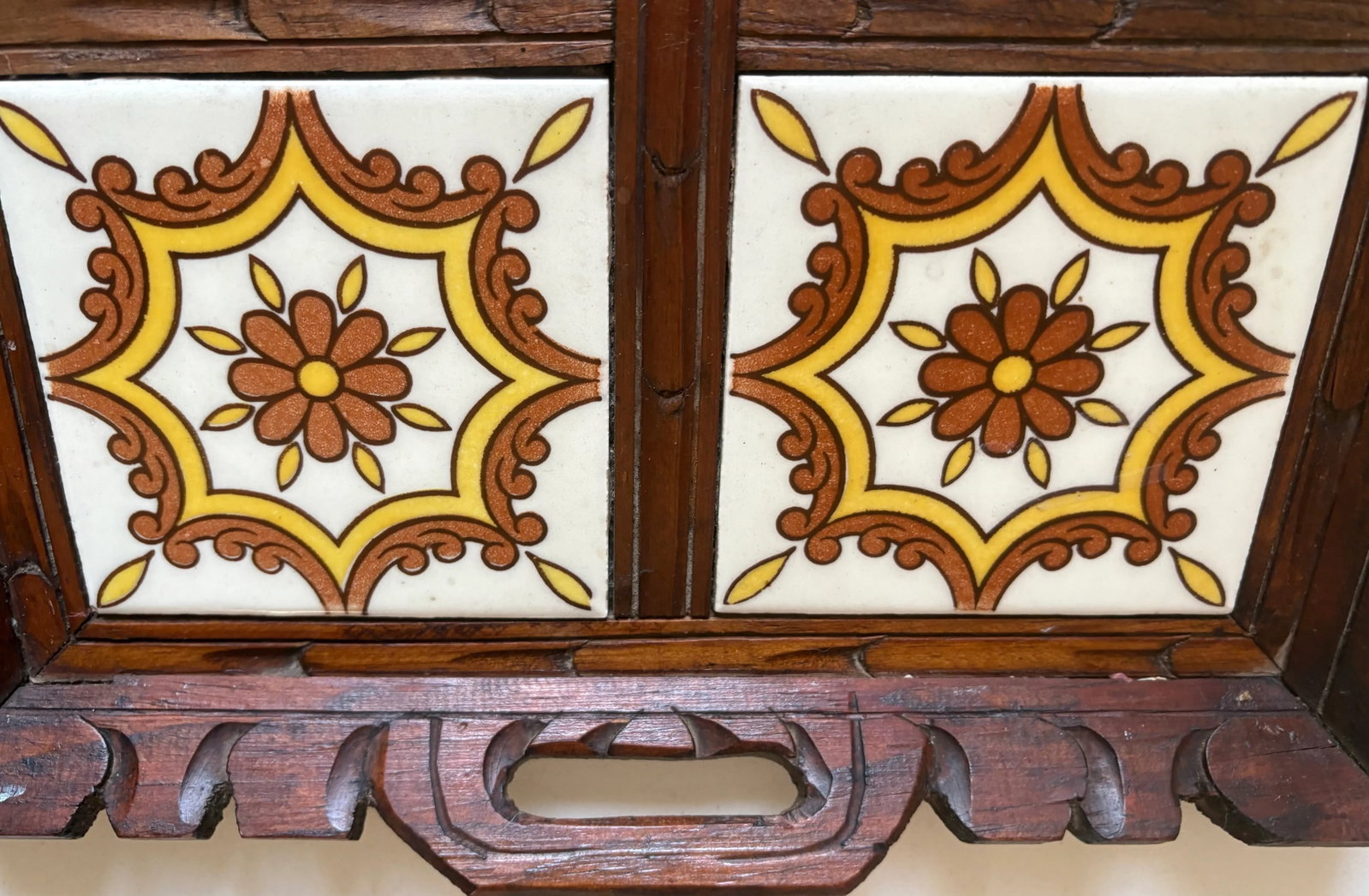 Vintage Mexican Carved Wood and Floral Tile Tray - 8
