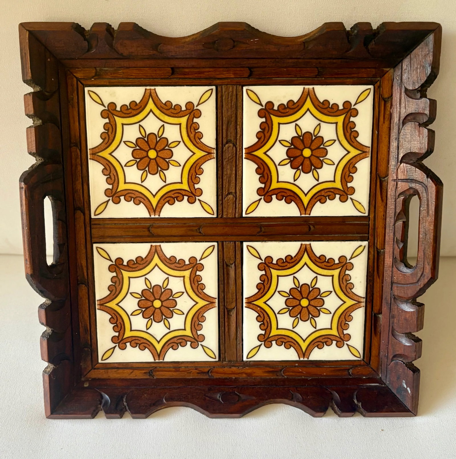 Vintage Mexican Carved Wood and Floral Tile Tray - 9