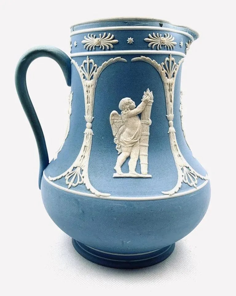 Dudson Jasperware Pitcher in Blue With Neo-Classical Motif-8.25" Tall - 10