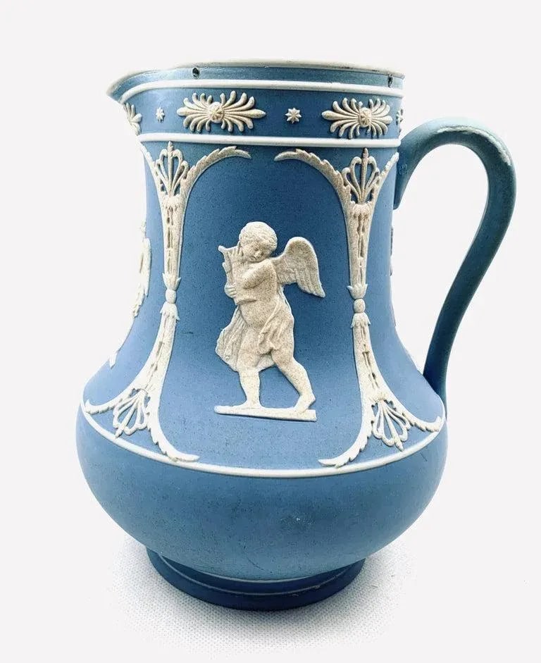 Dudson Jasperware Pitcher in Blue With Neo-Classical Motif-8.25" Tall - 2