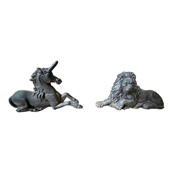 1860 Large Recumbent Lion & Unicorn Cast Iron Boot Scrapes - Set of 2: Pair of Mid-19th Century Cast Iron Boot Scrapers - Lion & Unicorn by John Crowley & Co., England. Attributed to the renowned Kelham Iron Works of Sheffield England, 1860. These recumbent figures repre