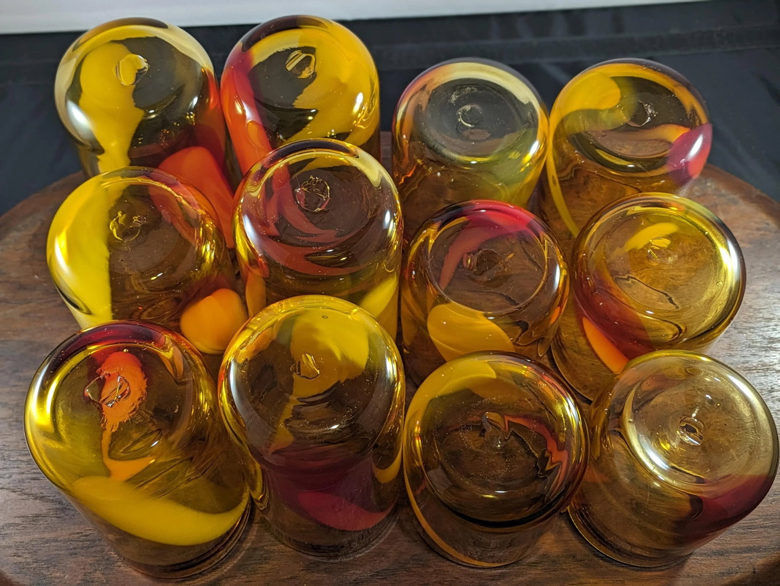 1990s Amber and Red Handblown Tumblers Set- 12 Pieces - 10