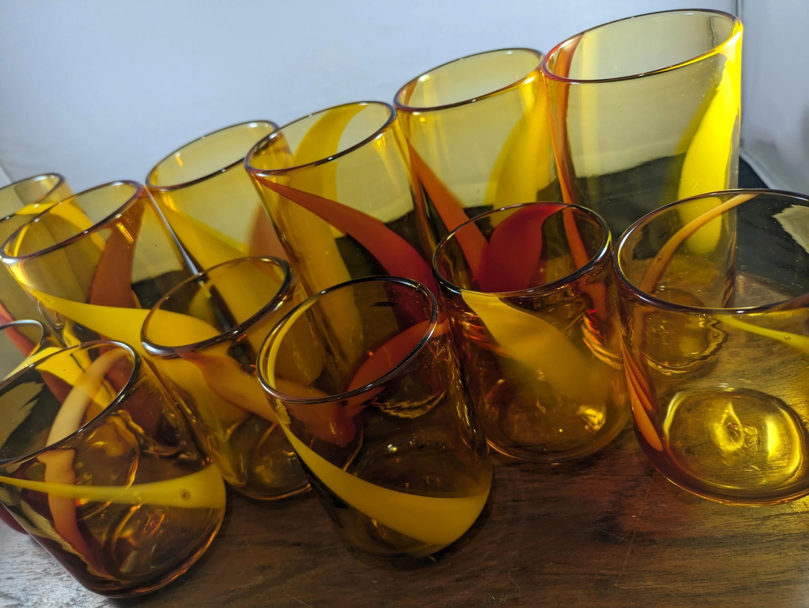 1990s Amber and Red Handblown Tumblers Set- 12 Pieces - 11