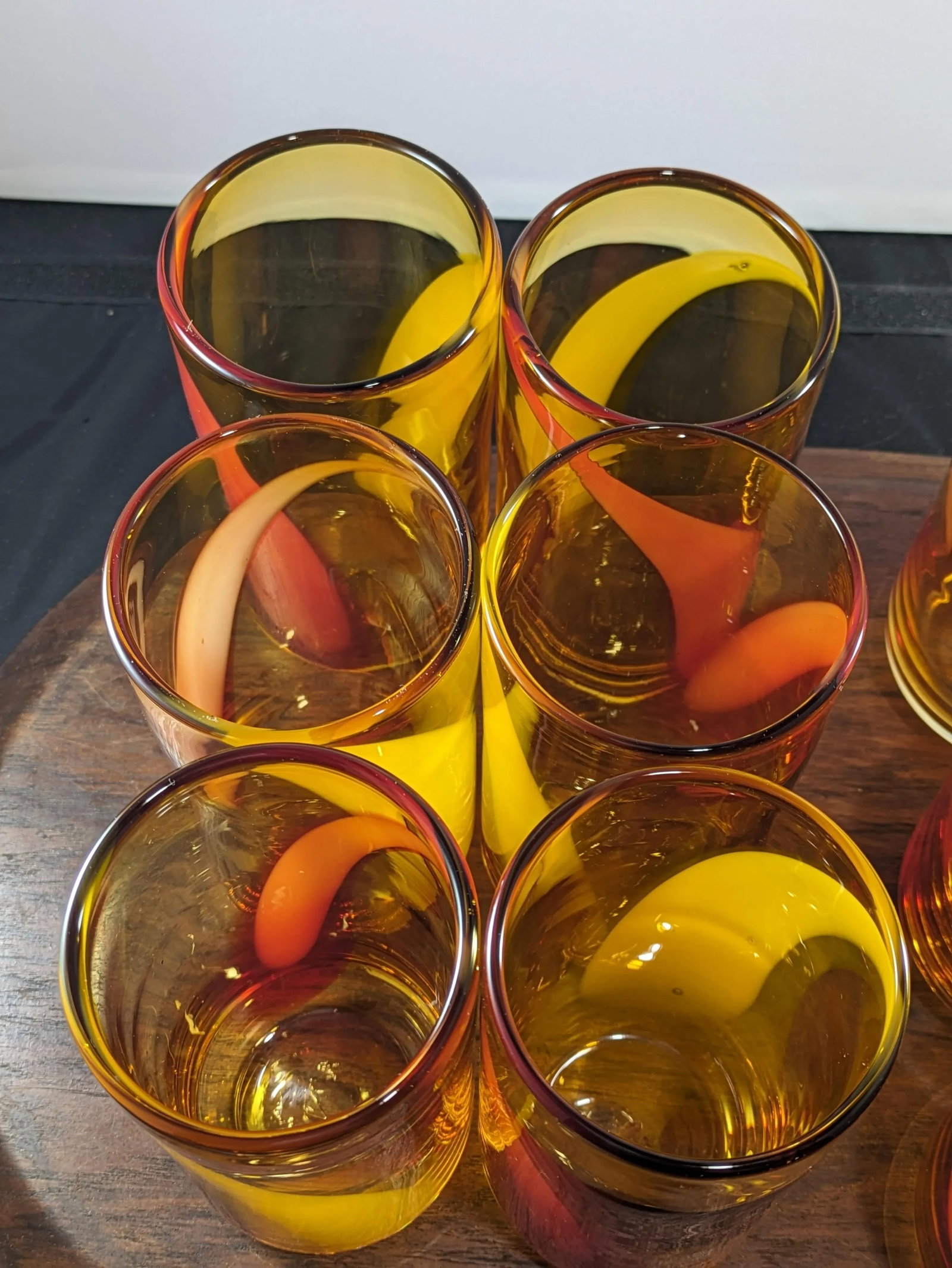 1990s Amber and Red Handblown Tumblers Set- 12 Pieces - 12