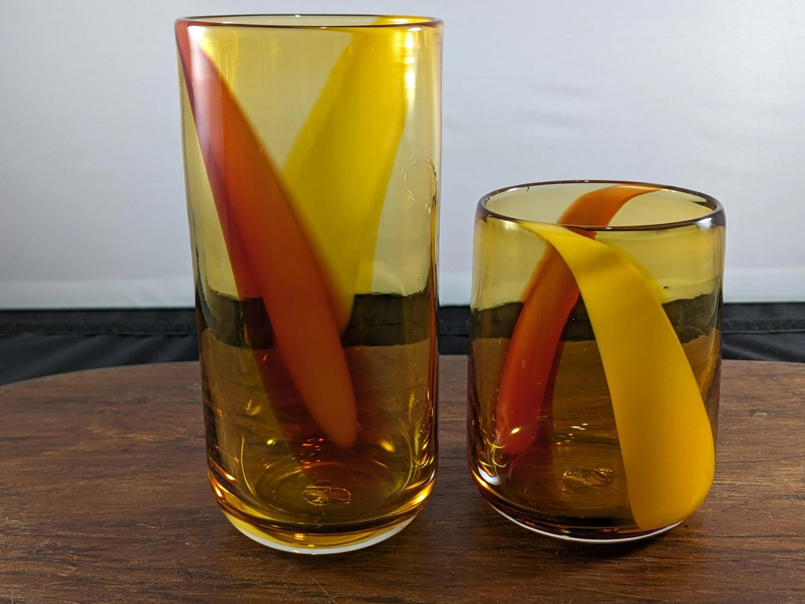 1990s Amber and Red Handblown Tumblers Set- 12 Pieces - 13