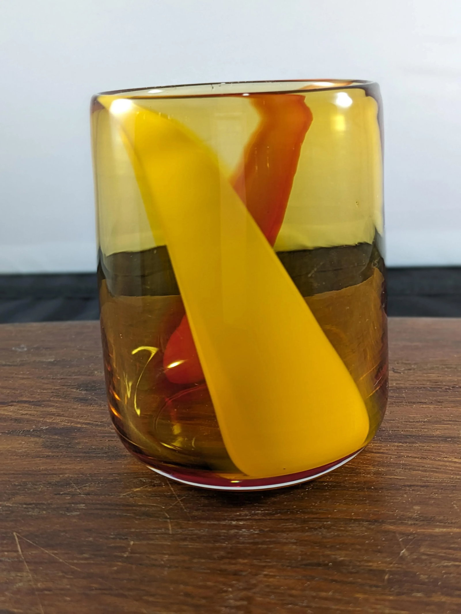 1990s Amber and Red Handblown Tumblers Set- 12 Pieces - 14