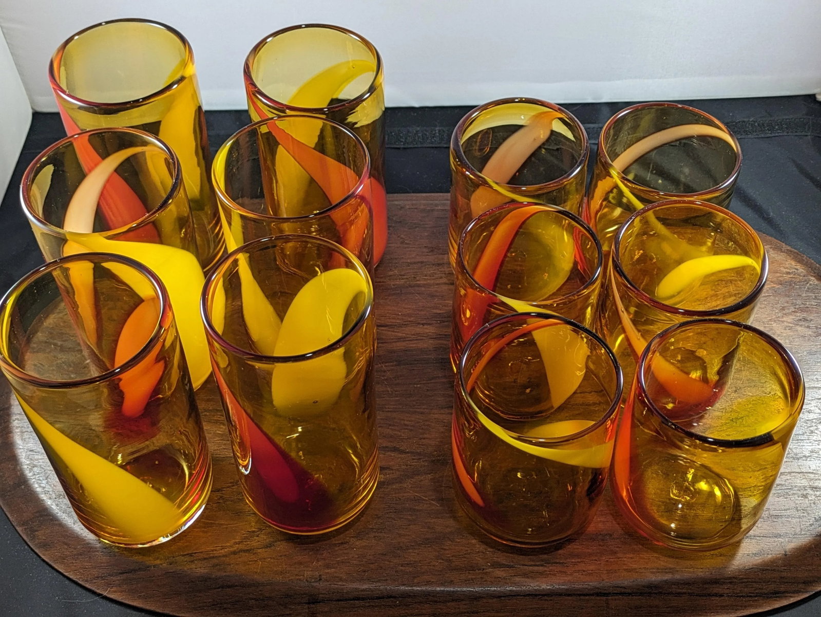 1990s Amber and Red Handblown Tumblers Set- 12 Pieces - 2