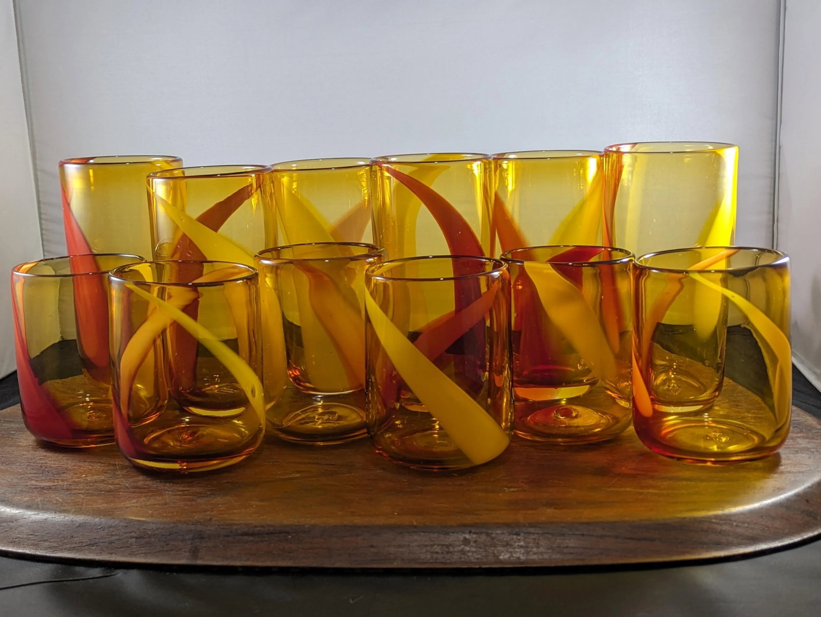 1990s Amber and Red Handblown Tumblers Set- 12 Pieces - 3