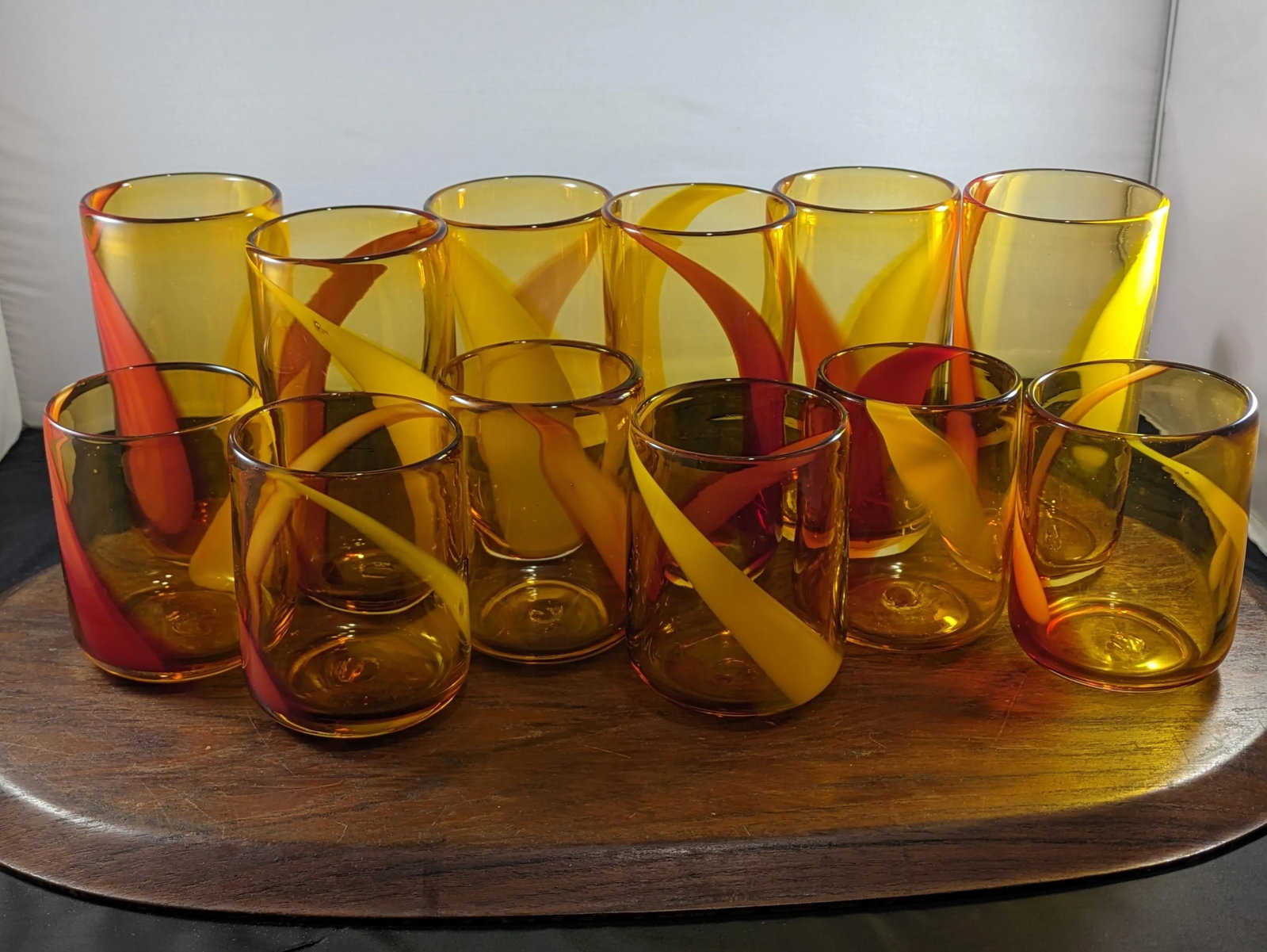 1990s Amber and Red Handblown Tumblers Set- 12 Pieces - 4