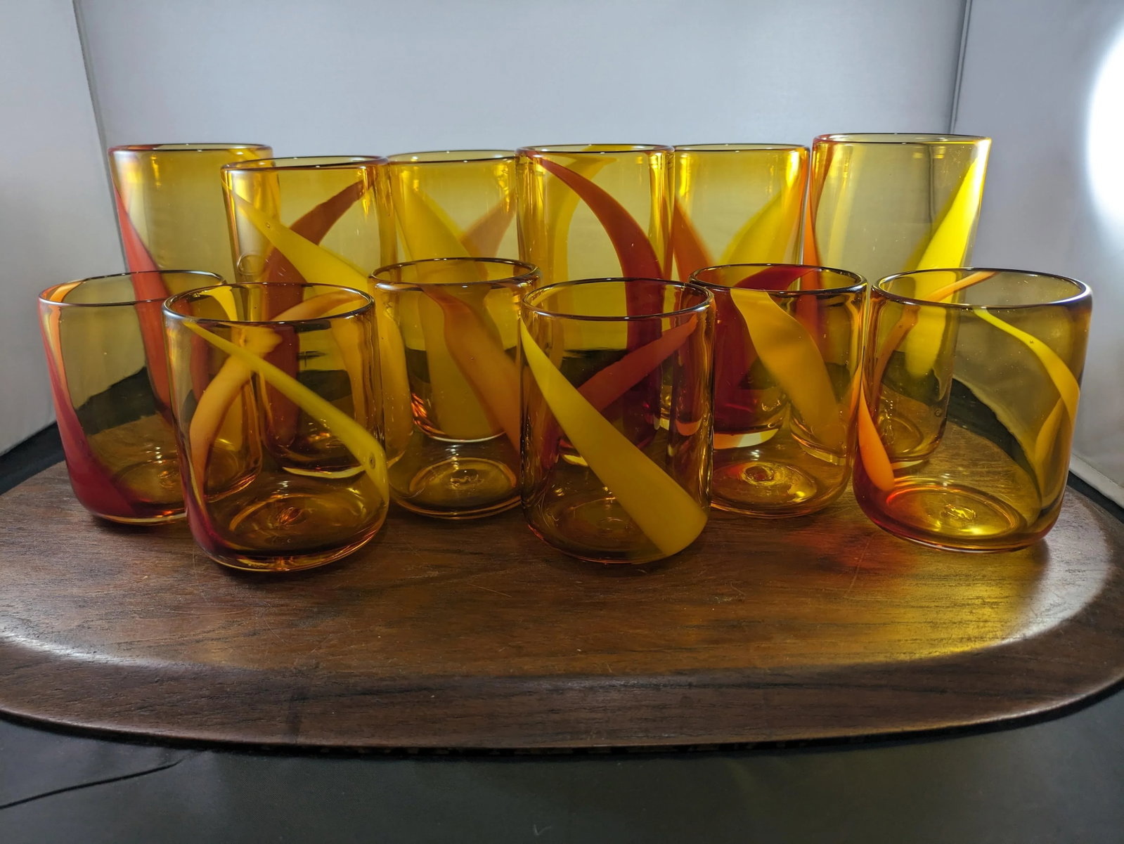 1990s Amber and Red Handblown Tumblers Set- 12 Pieces - 5