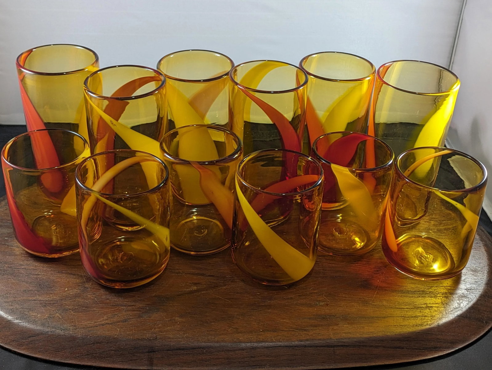 1990s Amber and Red Handblown Tumblers Set- 12 Pieces - 6