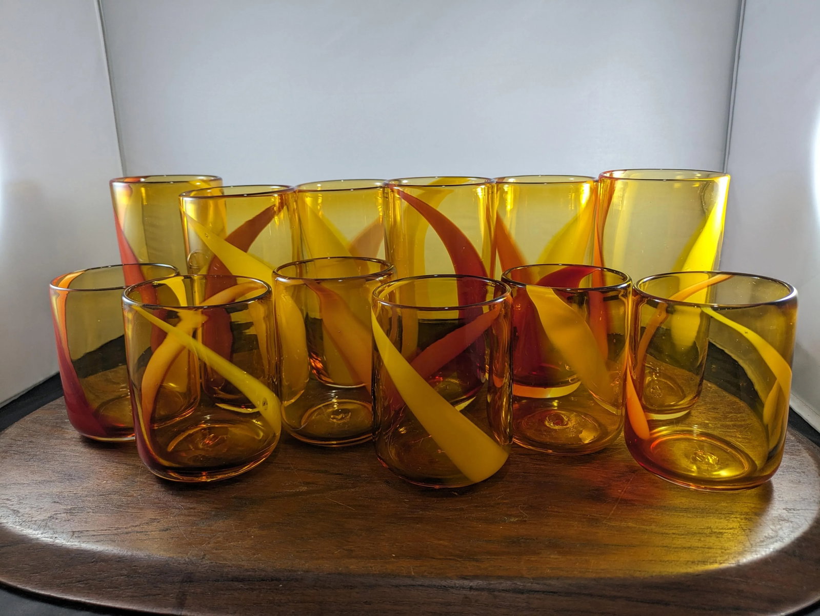 1990s Amber and Red Handblown Tumblers Set- 12 Pieces - 7
