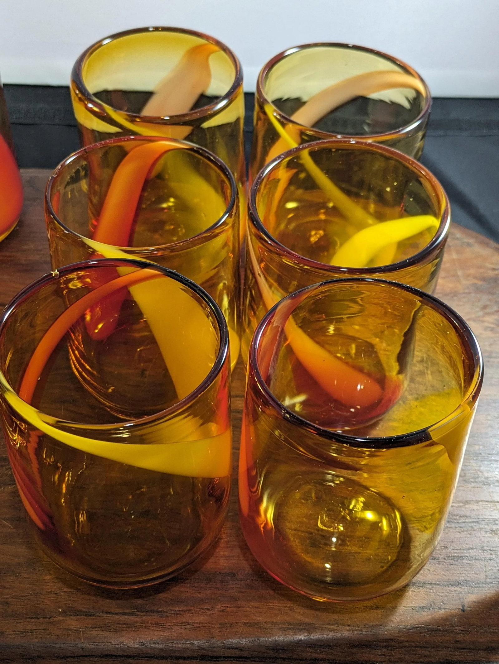 1990s Amber and Red Handblown Tumblers Set- 12 Pieces - 9