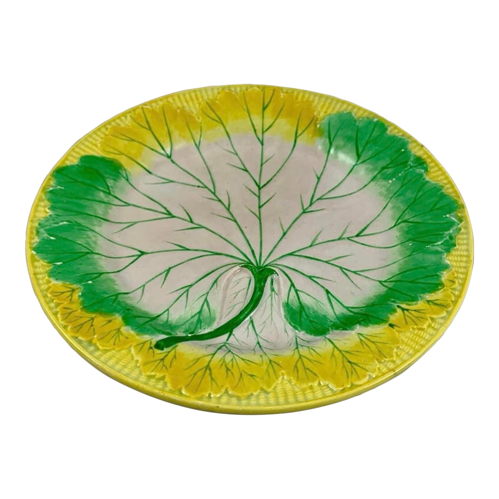 Josiah Wedgwood Pearlware Hand Enameled Cabbage Leaf Plate, 1860: Gorgeous & hard to find! Josiah Wedgwood Pearlware Hand Enameled Cabbage Leaf Plate, Dated 1860 Origins of Josiah Wedgwood's "Pearlware," this specific type of plate is part of Wedgwood's "Leafage