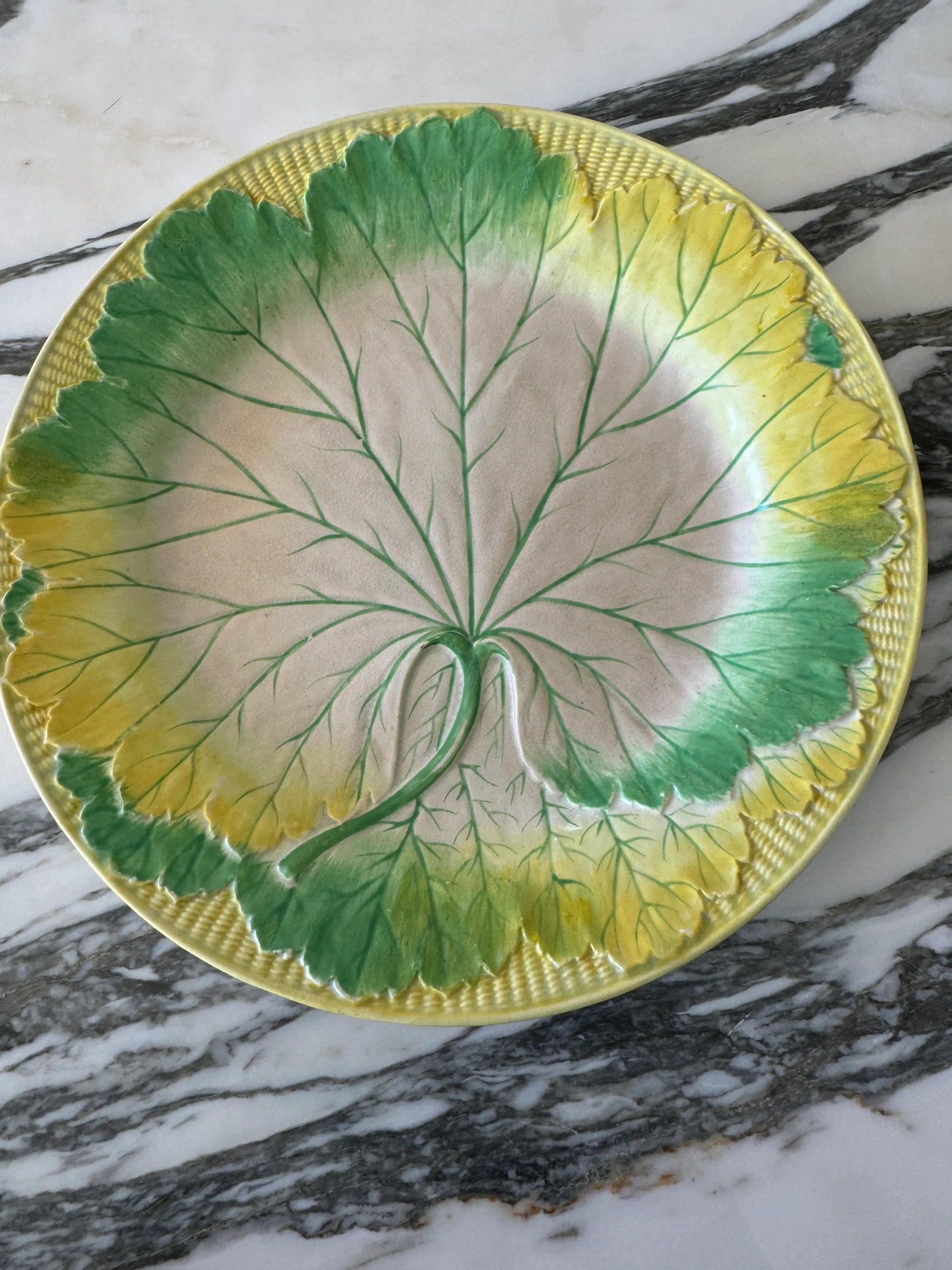 Josiah Wedgwood Pearlware Hand Enameled Cabbage Leaf Plate, 1860 - 2
