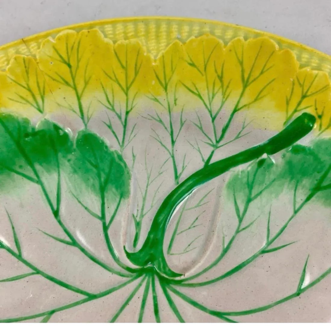 Josiah Wedgwood Pearlware Hand Enameled Cabbage Leaf Plate, 1860 - 5