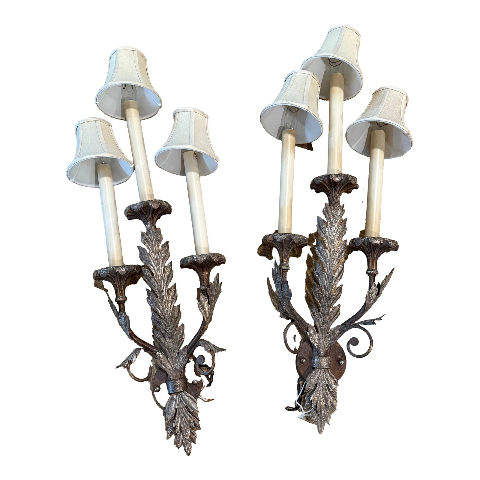 1990s Large Pair of French Wall Sconces: These wall sconces are a French or Italianate Rococo Revival style - sometimes referred to as Continental Classical or European Neoclassical in decor catalogs. Style Characteristics: - Ornate leaf