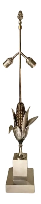 1960s Maison Charles Silvered Bronze Corn Lamp: Silvered bronze lamp depicting an ear of corn, raised on a square socle. Stamped at the bases. The lamp base itself (without shade) is 17" Designer: Maison Charles The shade is not included.