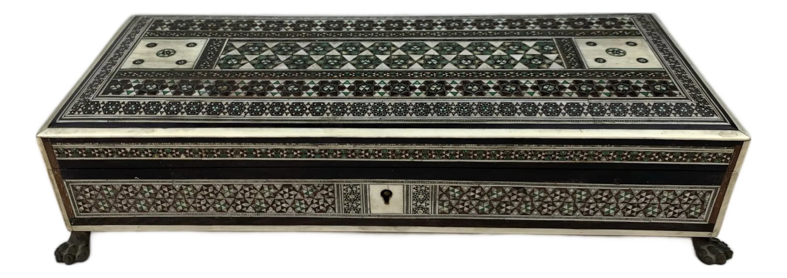 Antique Mid 19th Century Anglo India Wood Mosaic Sadeli Jewelry Box: This box made in the 19th Century, truly a treasure piece especially since its locked and the key is missing! It is richly decorated around with carved and inlaid in geometric patterns, resting on