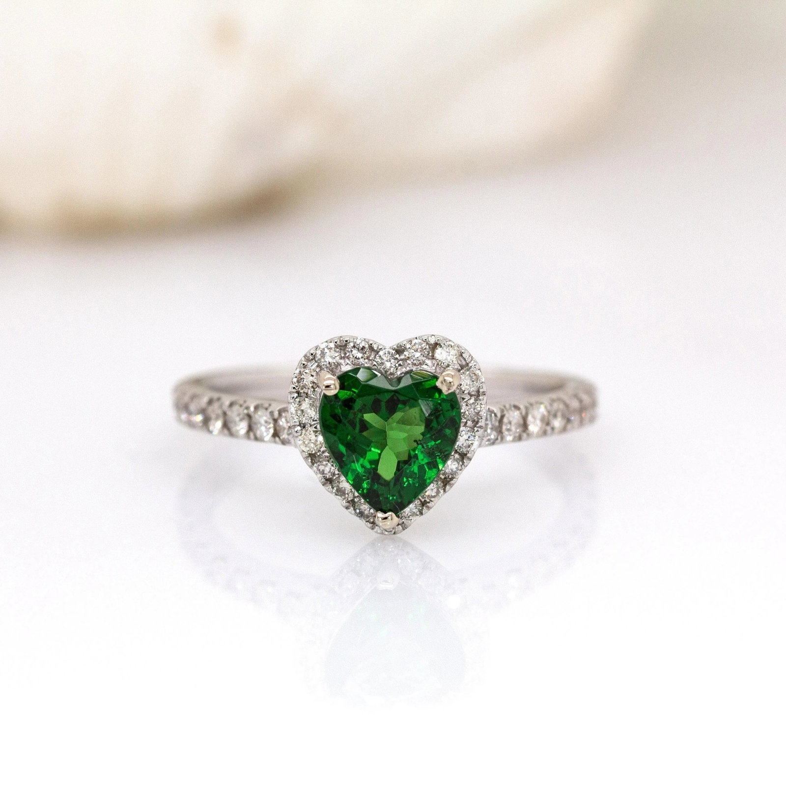 1ct Heart Shape Tsavorite Garnet Ring Size 6.75 With Natural Diamonds: 14k White Gold - 3