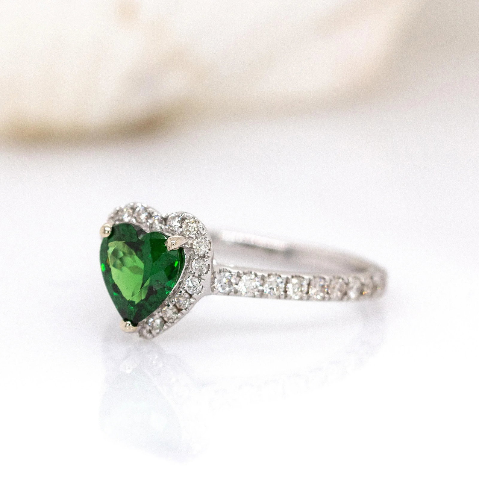 1ct Heart Shape Tsavorite Garnet Ring Size 6.75 With Natural Diamonds: 14k White Gold - 4