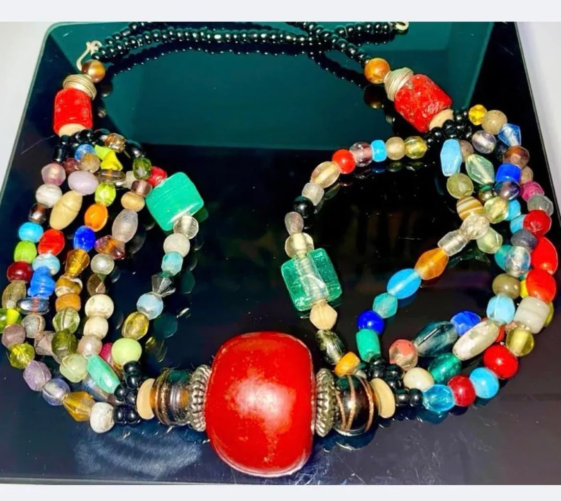 North African Trade Beads and Large Phenolic Cherry Red Copal Resin - 2