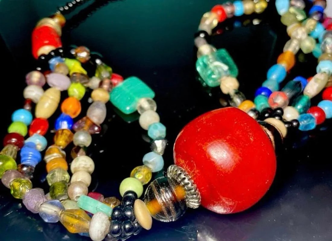 North African Trade Beads and Large Phenolic Cherry Red Copal Resin - 3