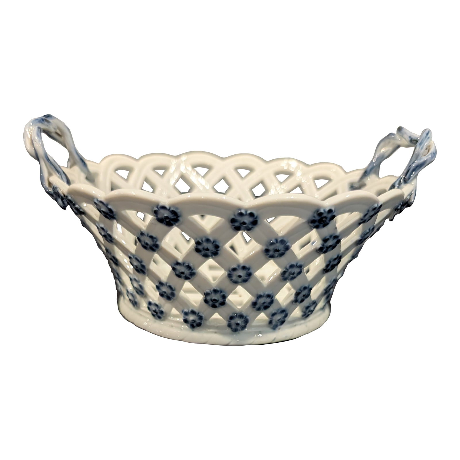 18th Century Meissen Reticulated Basket With Dot Mark, First Quality, Ca. 1765-1774: A rare and early Meissen porcelain reticulated basket, hand-painted in cobalt blue with applied florets at each lattice intersection. This example bears the coveted "dot mark" (used between