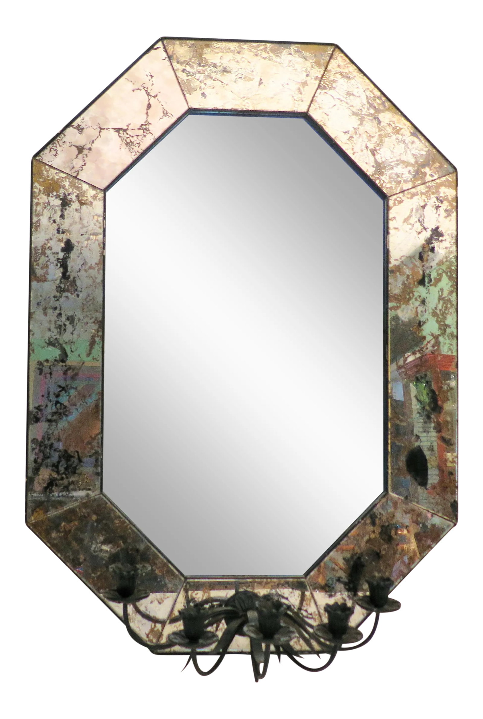 Vintage Venetian Mirror With Five Candle Holders: A rare Vintage Venetian Regency mirror with 5 Italian wrought iron candle holders. This beautiful mirror with 5 lit candles will give illustrious lighting and set the mood for a romantic dinner for 2 
