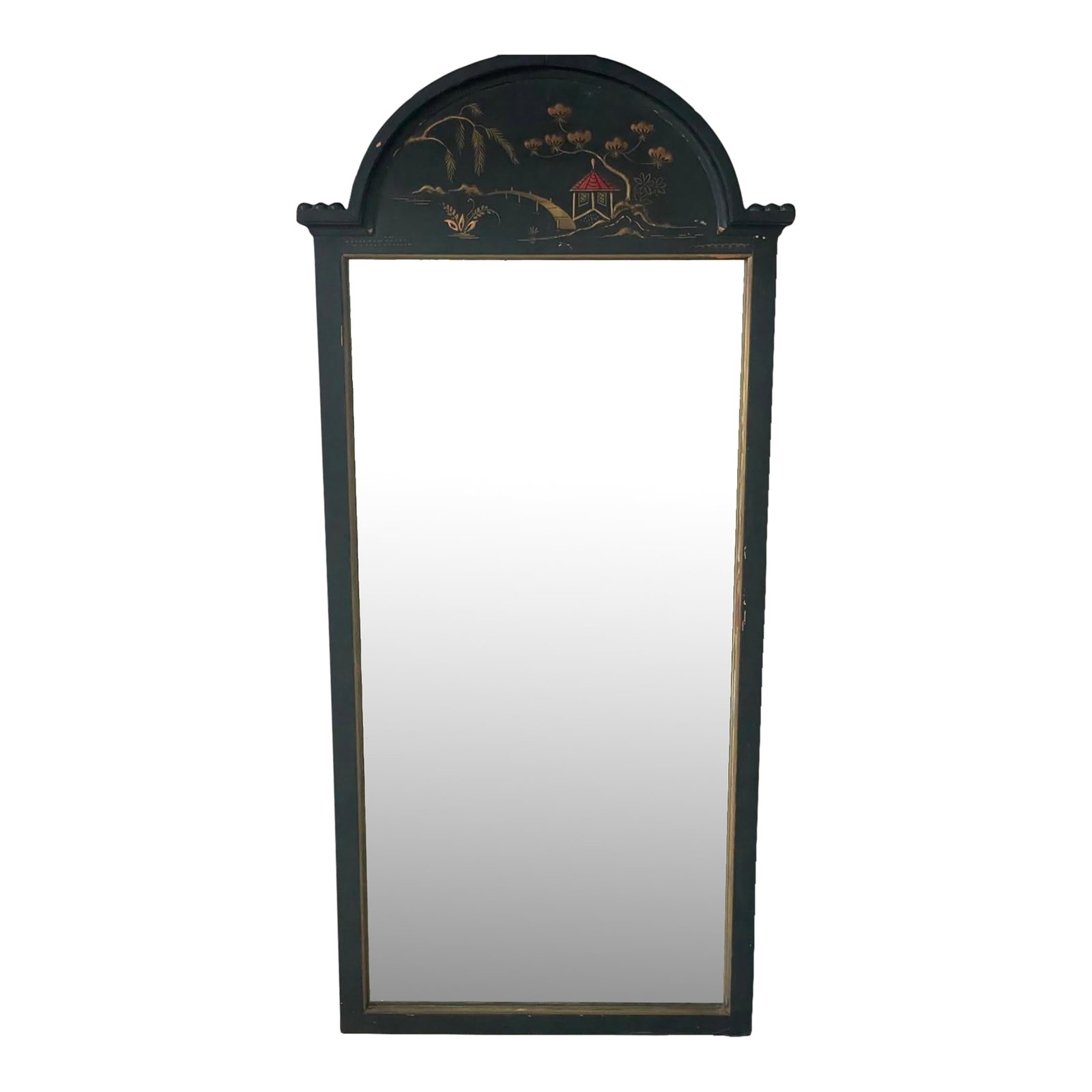 Vintage Hand-Painted Black Chinoiserie Mirror - Solid Wood, Mid-20th Century: This striking vintage Chinoiserie wall mirror features a matte black painted frame with hand-gilded pagoda and willow motifs, crafted in solid wood and exceptionally heavy. Dating from the