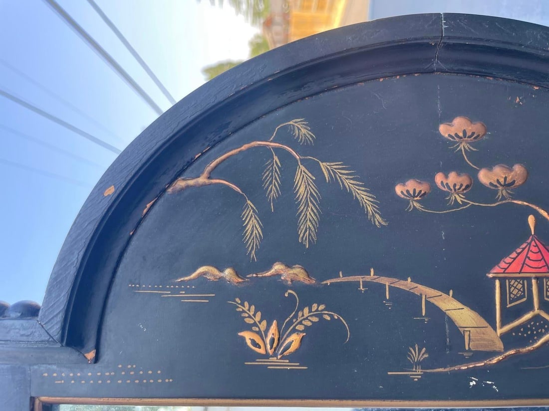 Vintage Hand-Painted Black Chinoiserie Mirror - Solid Wood, Mid-20th Century - 2