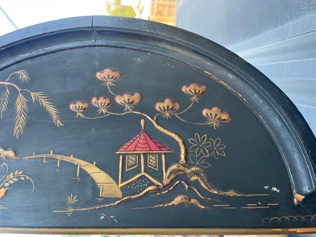 Vintage Hand-Painted Black Chinoiserie Mirror - Solid Wood, Mid-20th Century - 3